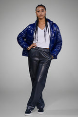 Navy Voyager™ Glossy Puffer Jacket – Lightweight Travel Winter Coat